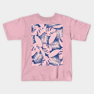 Tropical Green Leaves Pattern on Navy and Blue and Pink Kids T-Shirt